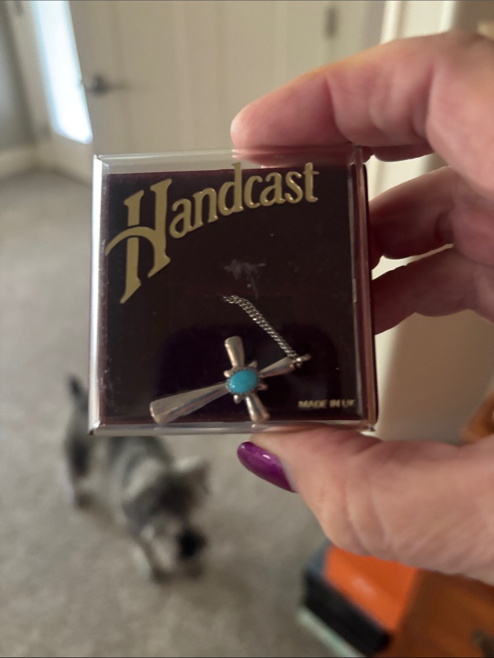 Handcast Sterling Silver Cross Pendant with Turquoise Accent made in UK - Picture 4 of 4